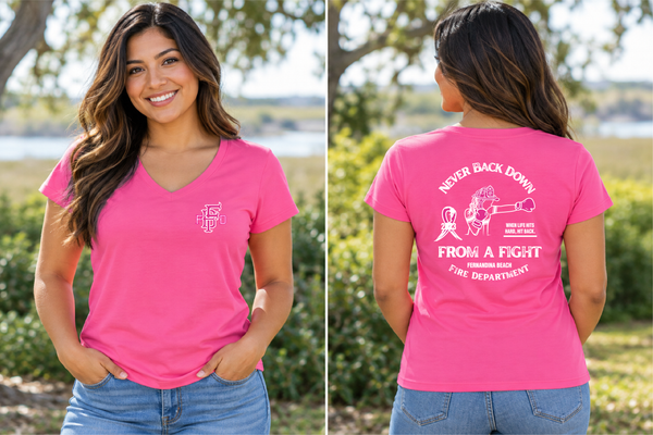 Fernandina Beach FD Never Back Down V Neck T Shirt