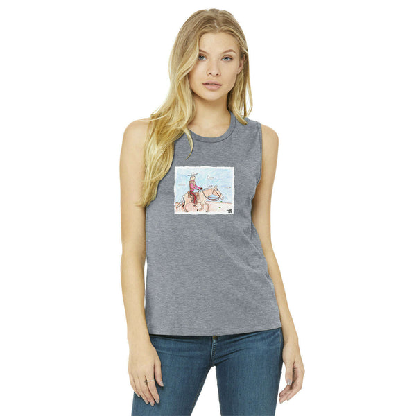 Cowboy on a Horse Side View Female Muscle Tank